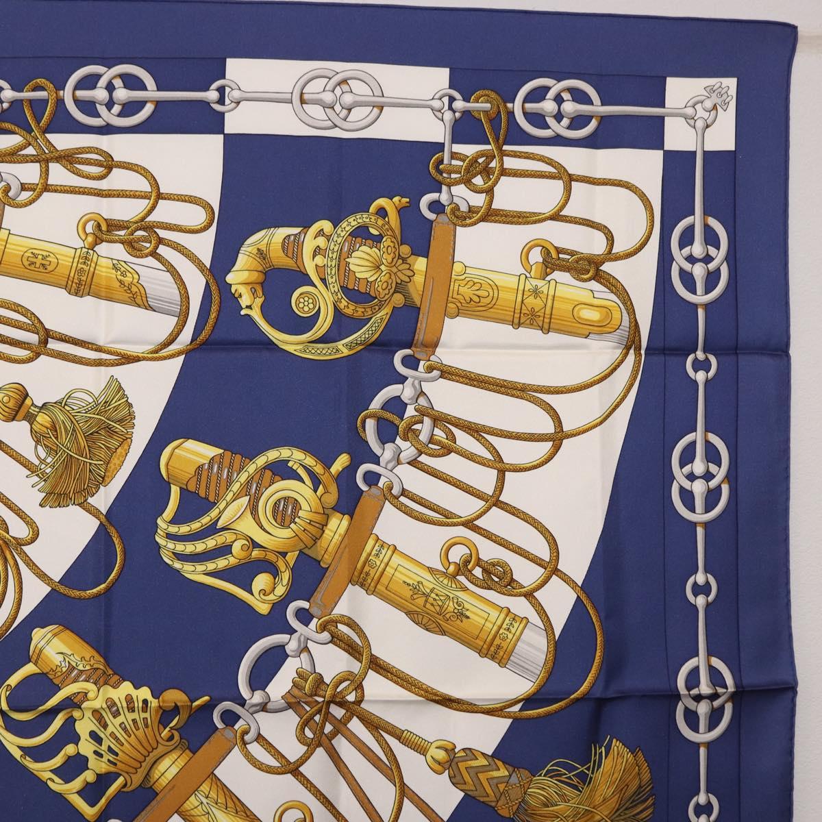 HERMES Carre 90 Scarf Silk ""Cliquetis"" Blue Gold Auth ki6724