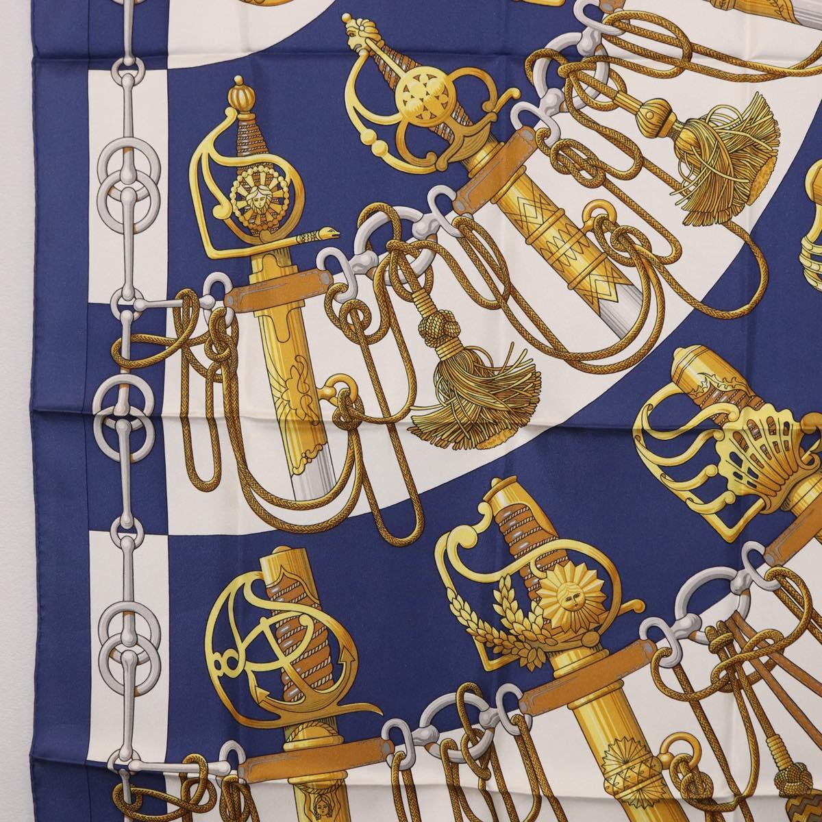 HERMES Carre 90 Scarf Silk ""Cliquetis"" Blue Gold Auth ki6724