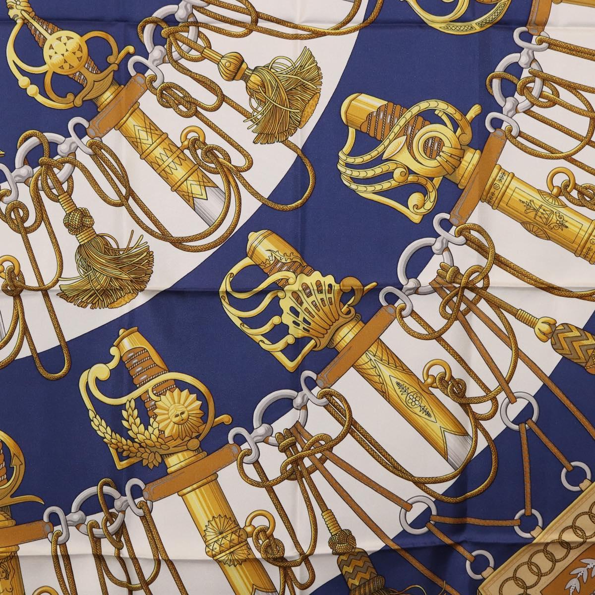 HERMES Carre 90 Scarf Silk ""Cliquetis"" Blue Gold Auth ki6724