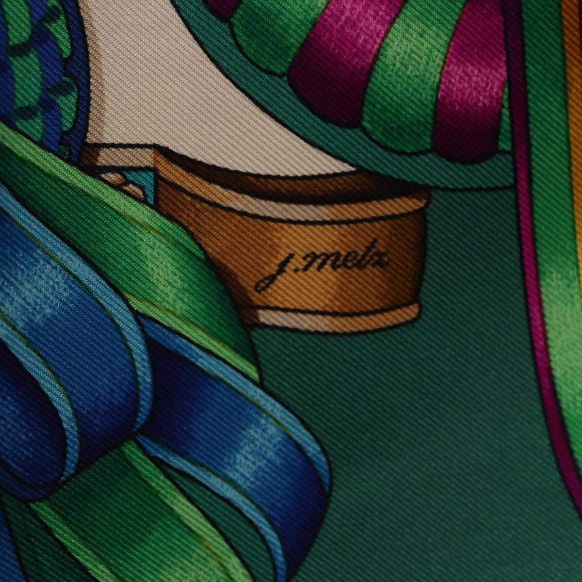 HERMES Carre 90 Scarf Silk ""LES RUBANS DU CHEVAL"" Green White Auth ki6726