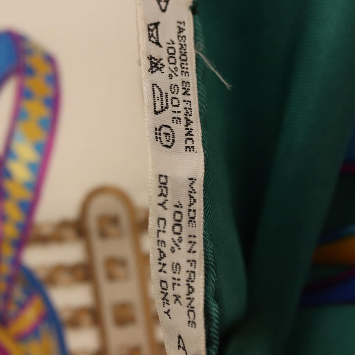 HERMES Carre 90 Scarf Silk ""LES RUBANS DU CHEVAL"" Green White Auth ki6726