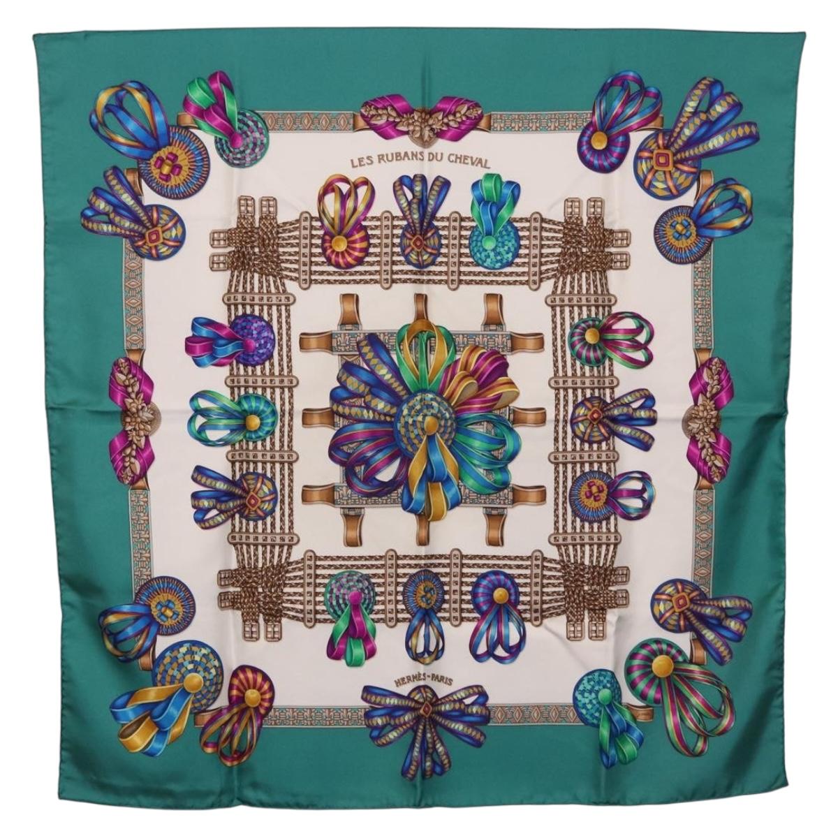 HERMES Carre 90 Scarf Silk ""LES RUBANS DU CHEVAL"" Green White Auth ki6726