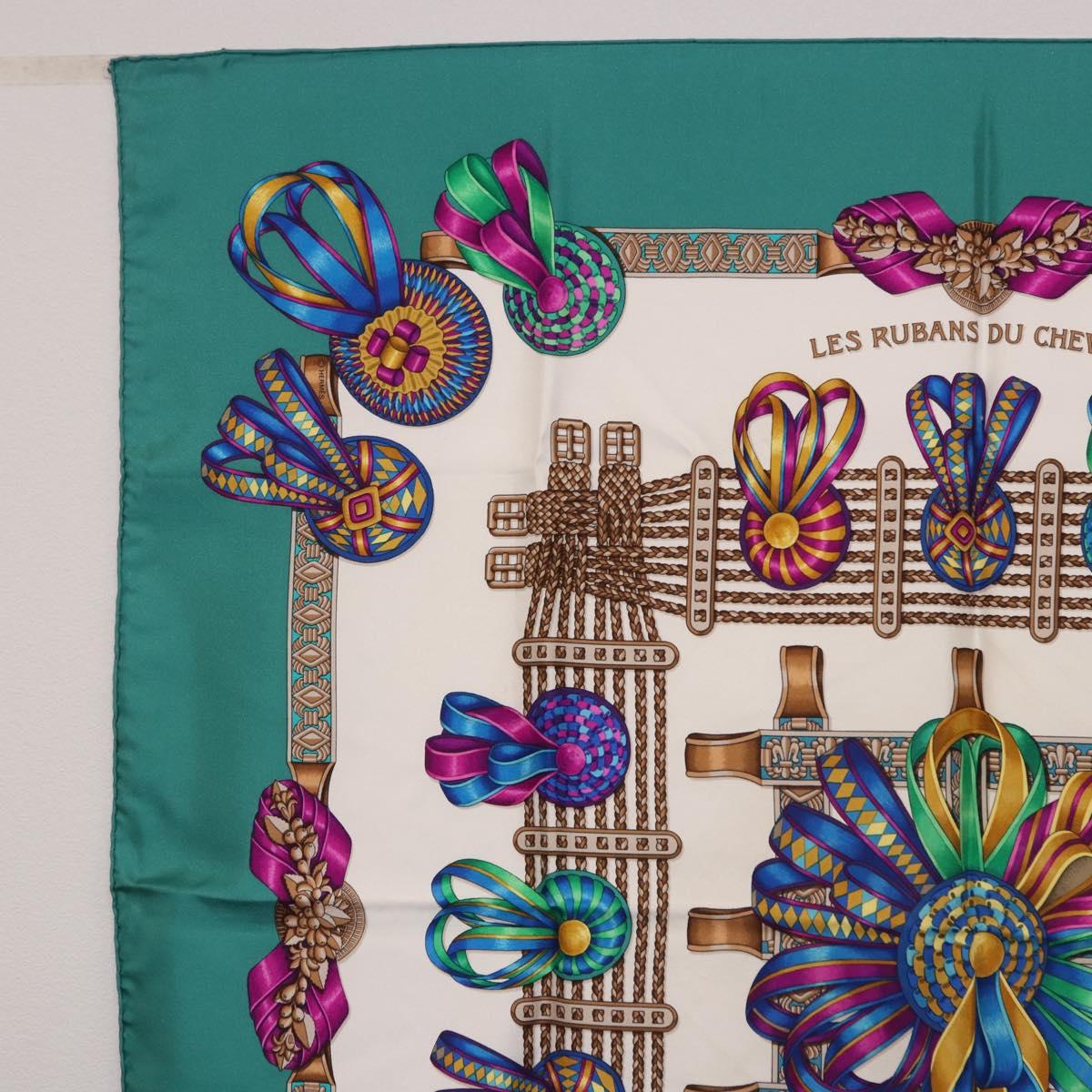 HERMES Carre 90 Scarf Silk ""LES RUBANS DU CHEVAL"" Green White Auth ki6726