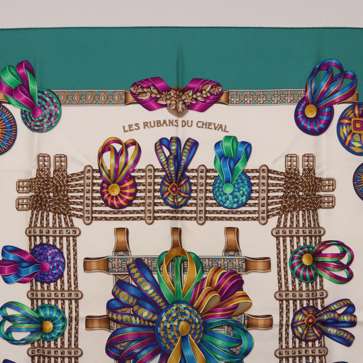 HERMES Carre 90 Scarf Silk ""LES RUBANS DU CHEVAL"" Green White Auth ki6726