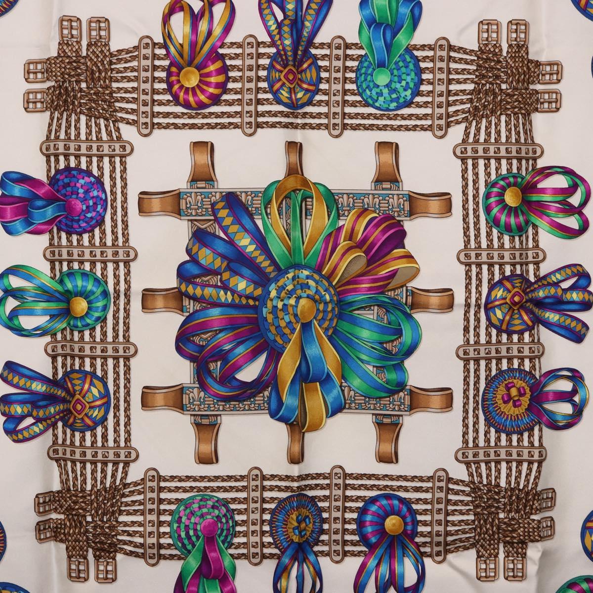 HERMES Carre 90 Scarf Silk ""LES RUBANS DU CHEVAL"" Green White Auth ki6726