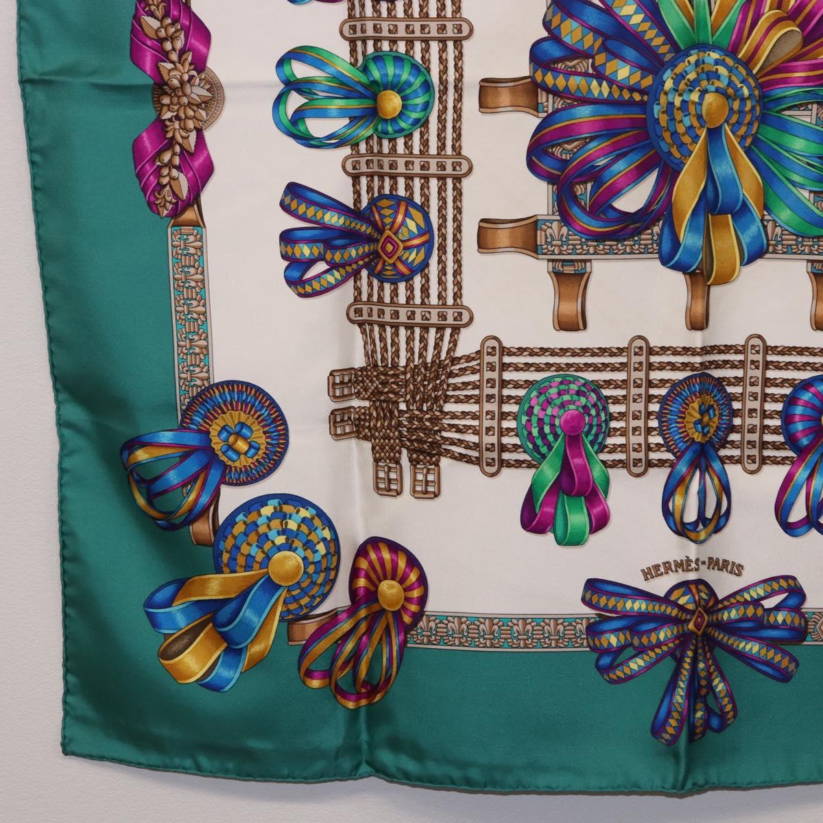 HERMES Carre 90 Scarf Silk ""LES RUBANS DU CHEVAL"" Green White Auth ki6726