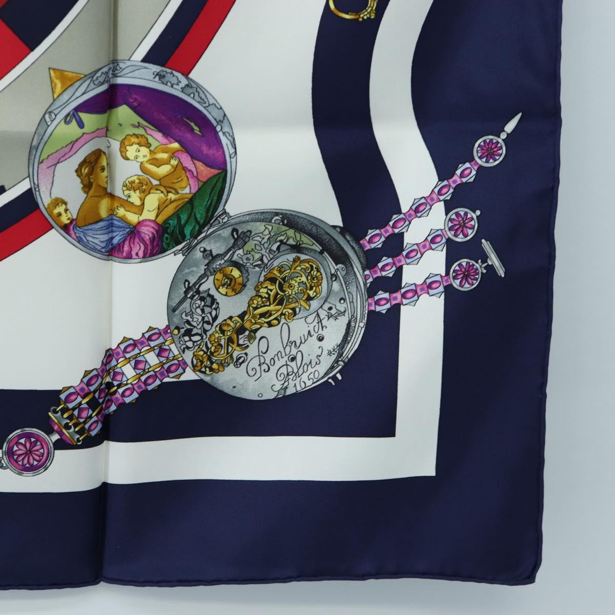 HERMES Carre 90 Scarf Silk ""la ronde des heures"" Navy White Auth ki6727M