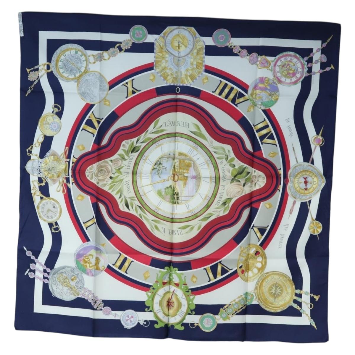 HERMES Carre 90 Scarf Silk ""la ronde des heures"" Navy White Auth ki6727M