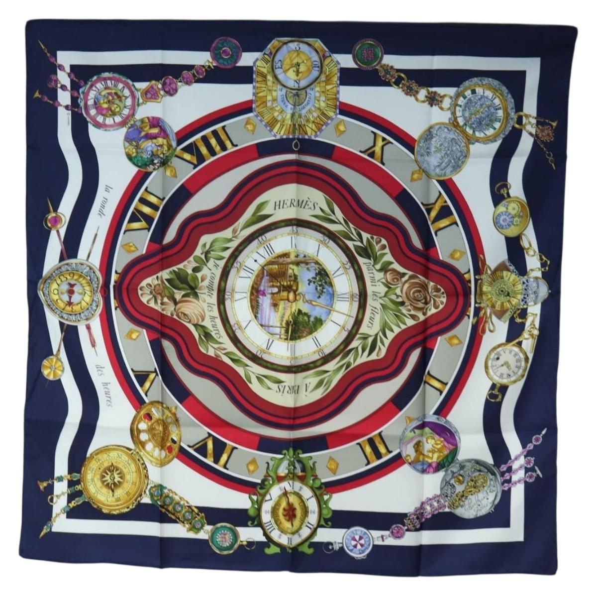 HERMES Carre 90 Scarf Silk ""la ronde des heures"" Navy White Auth ki6727M