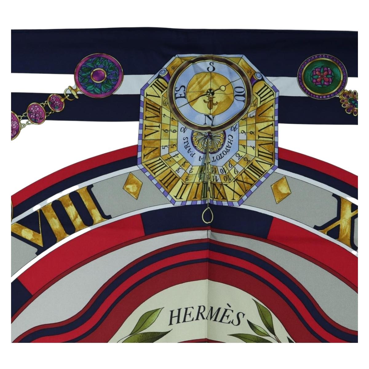 HERMES Carre 90 Scarf Silk ""la ronde des heures"" Navy White Auth ki6727M