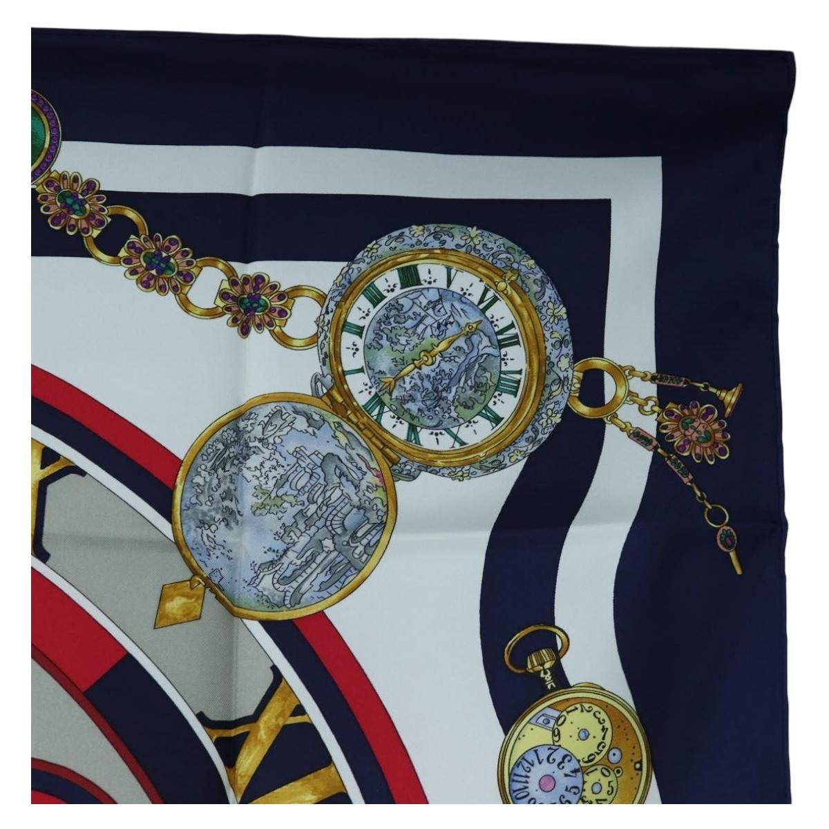 HERMES Carre 90 Scarf Silk ""la ronde des heures"" Navy White Auth ki6727M