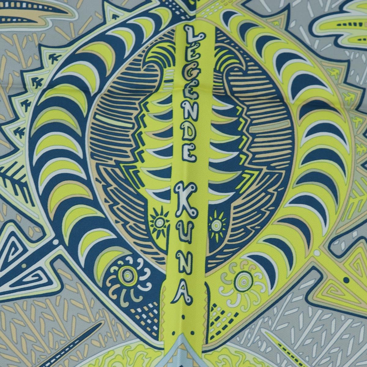 HERMES Carre 90 Scarf Silk ”LEGENDE KUNA PEUPLE DE PANAMA"" Blue Auth ki6728M