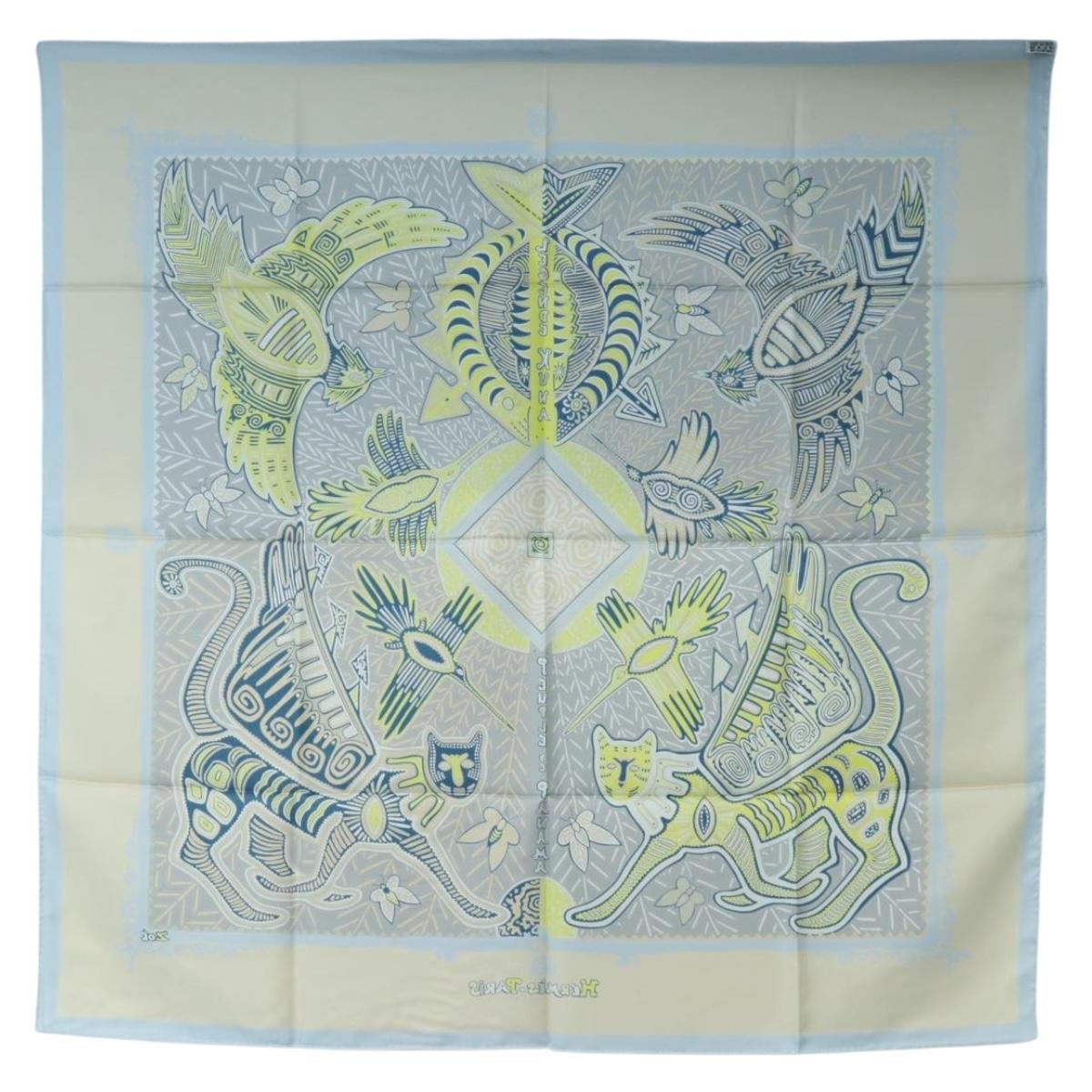 HERMES Carre 90 Scarf Silk ”LEGENDE KUNA PEUPLE DE PANAMA"" Blue Auth ki6728M