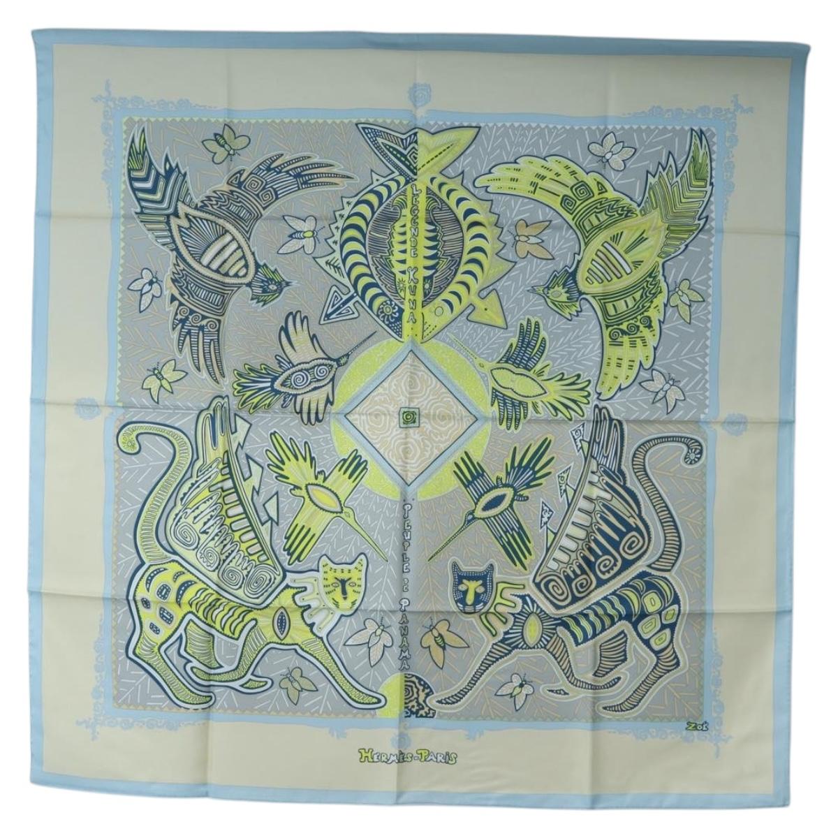 HERMES Carre 90 Scarf Silk ”LEGENDE KUNA PEUPLE DE PANAMA"" Blue Auth ki6728M