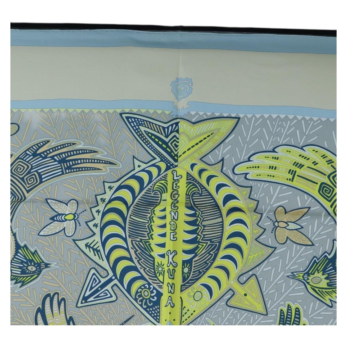 HERMES Carre 90 Scarf Silk ”LEGENDE KUNA PEUPLE DE PANAMA"" Blue Auth ki6728M