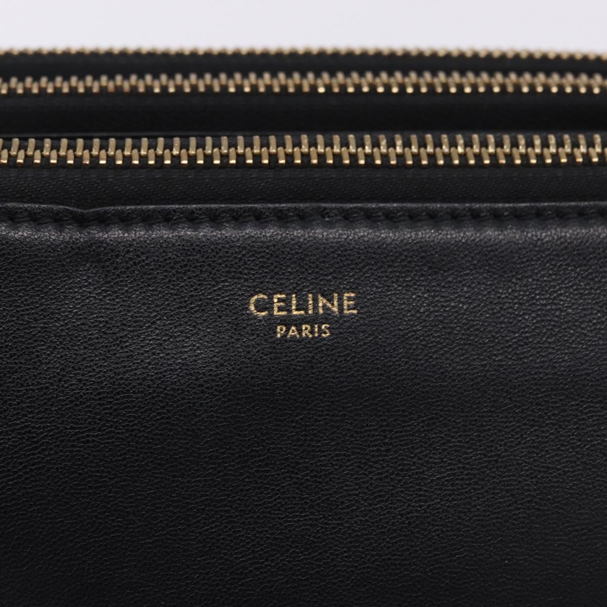 CELINE Trio Large Shoulder Bag Leather Black Gold Tone Auth ki6732V
