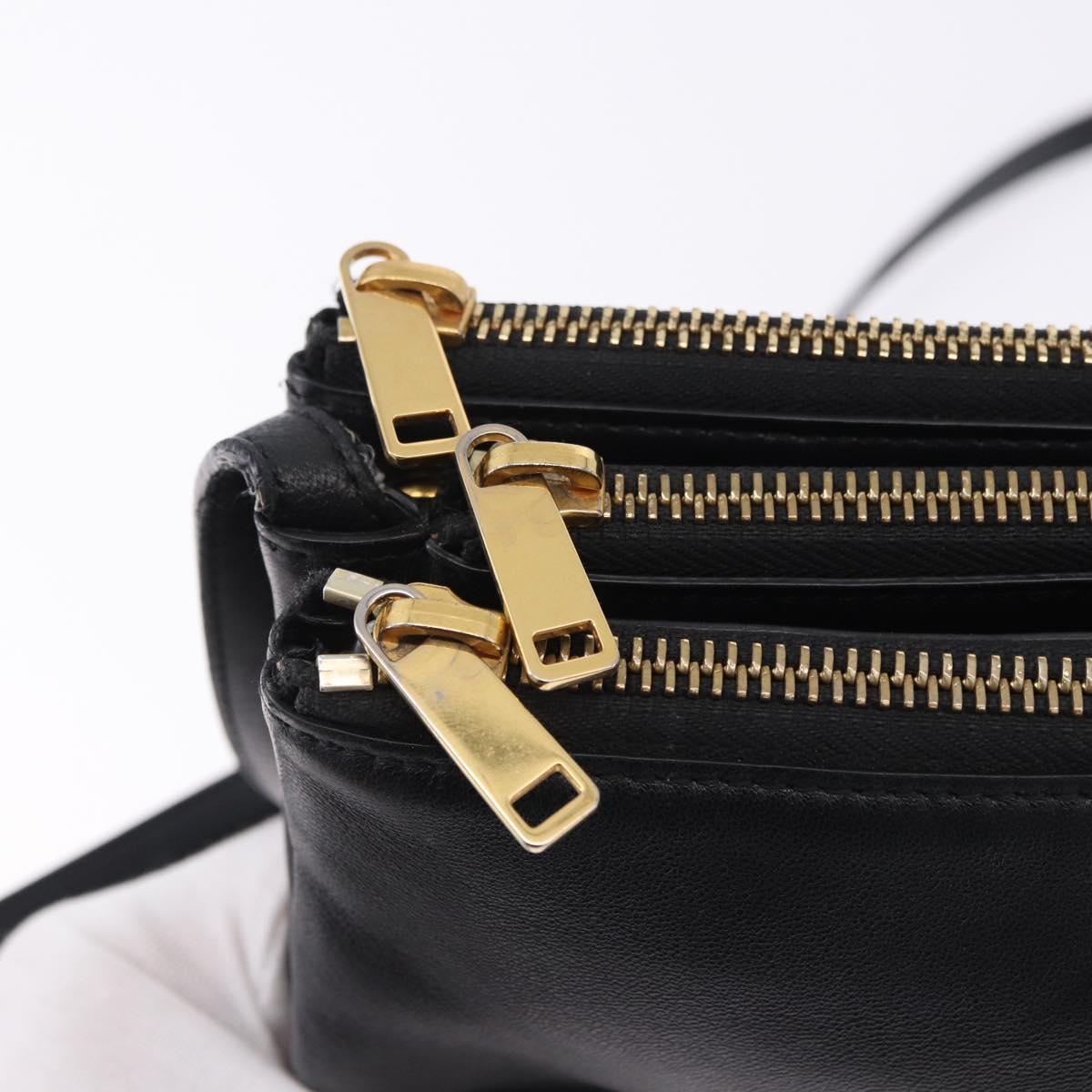 CELINE Trio Large Shoulder Bag Leather Black Gold Tone Auth ki6732V