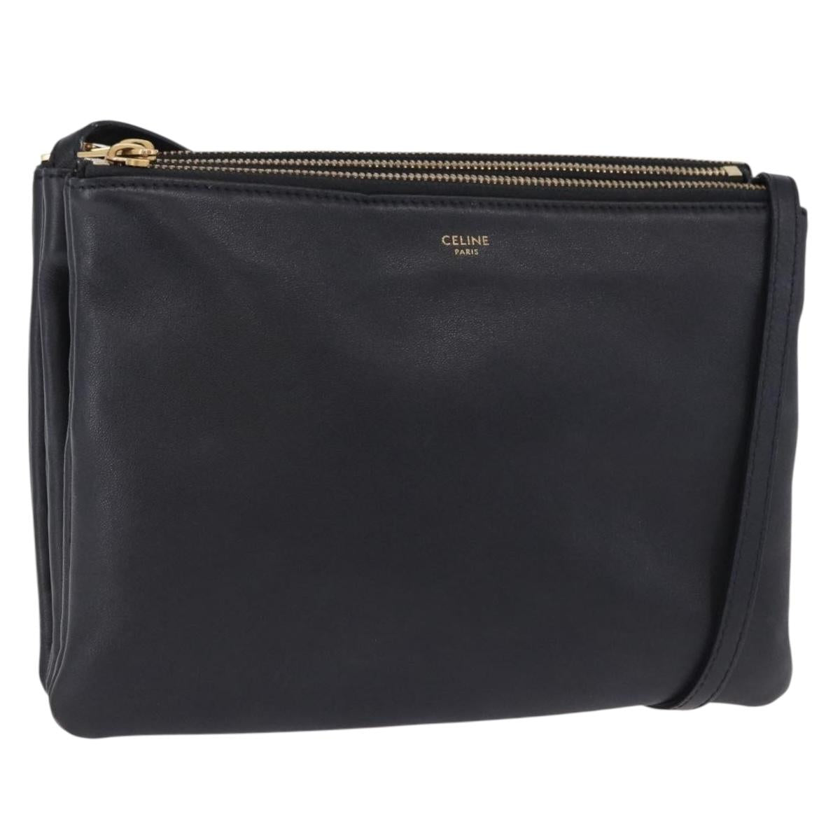 CELINE Trio Large Shoulder Bag Leather Black Gold Tone Auth ki6732V