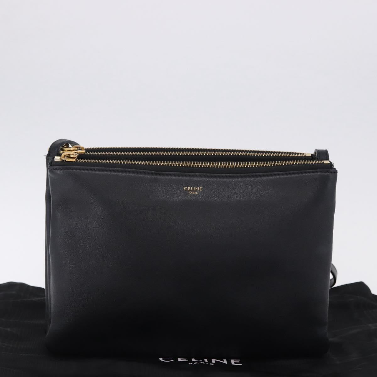 CELINE Trio Large Shoulder Bag Leather Black Gold Tone Auth ki6732V