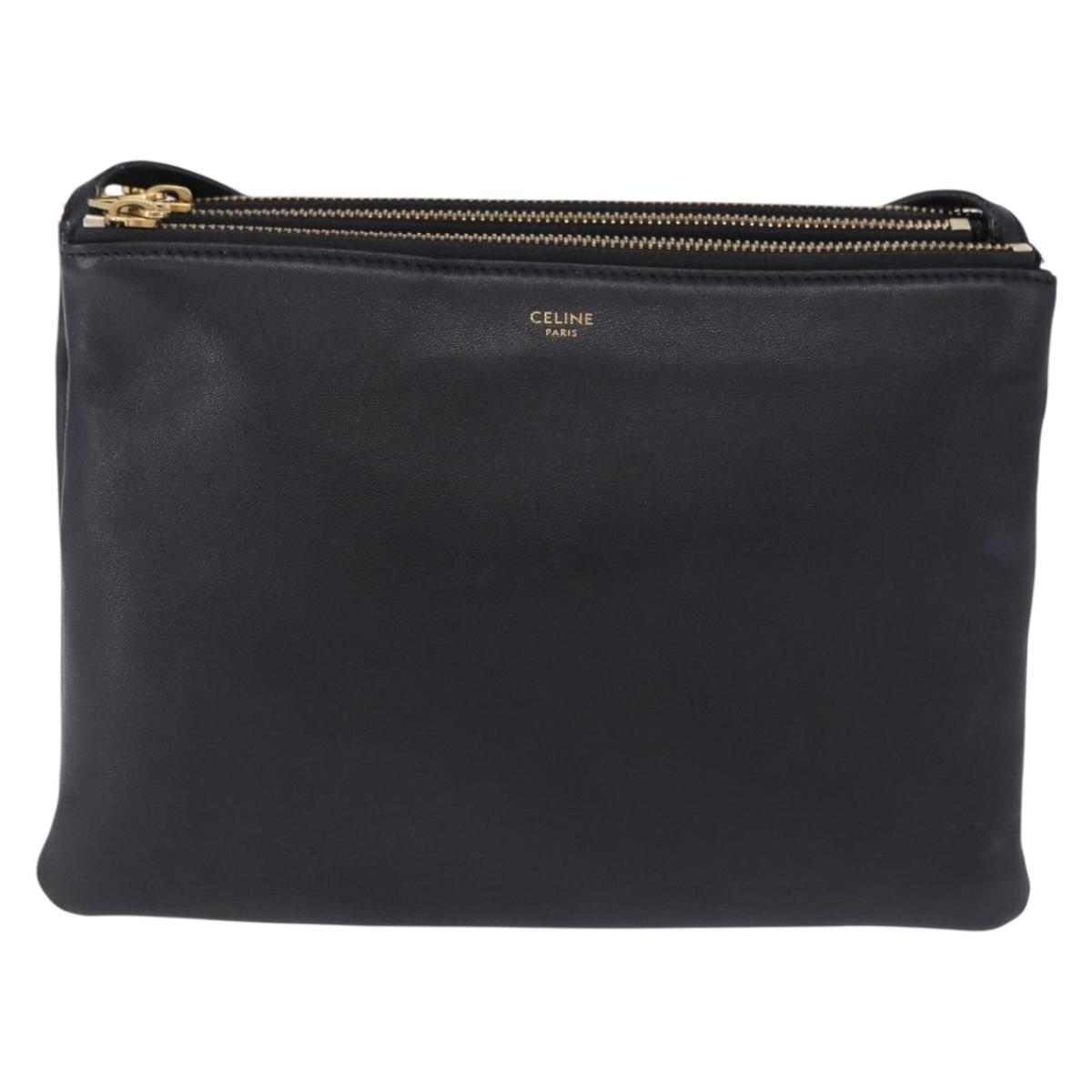CELINE Trio Large Shoulder Bag Leather Black Gold Tone Auth ki6732V