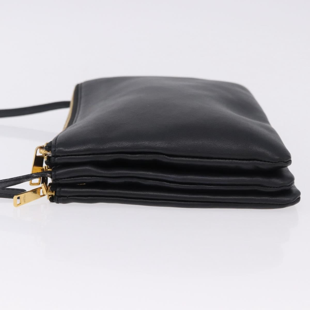 CELINE Trio Large Shoulder Bag Leather Black Gold Tone Auth ki6732V