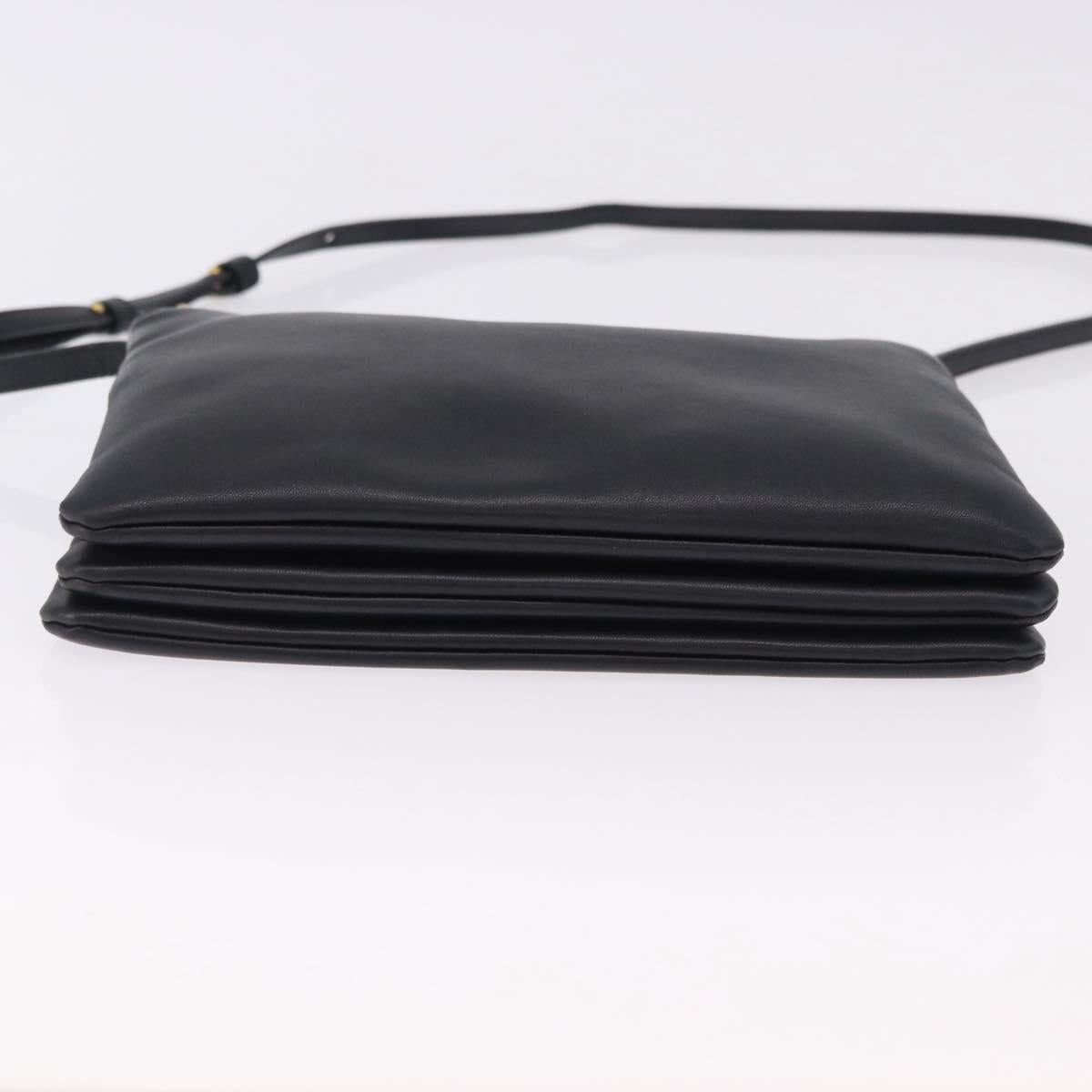 CELINE Trio Large Shoulder Bag Leather Black Gold Tone Auth ki6732V