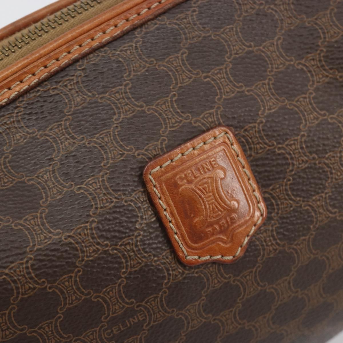 CELINE Macadam Pouch PVC Leather Brown Gold Tone Auth ki6733