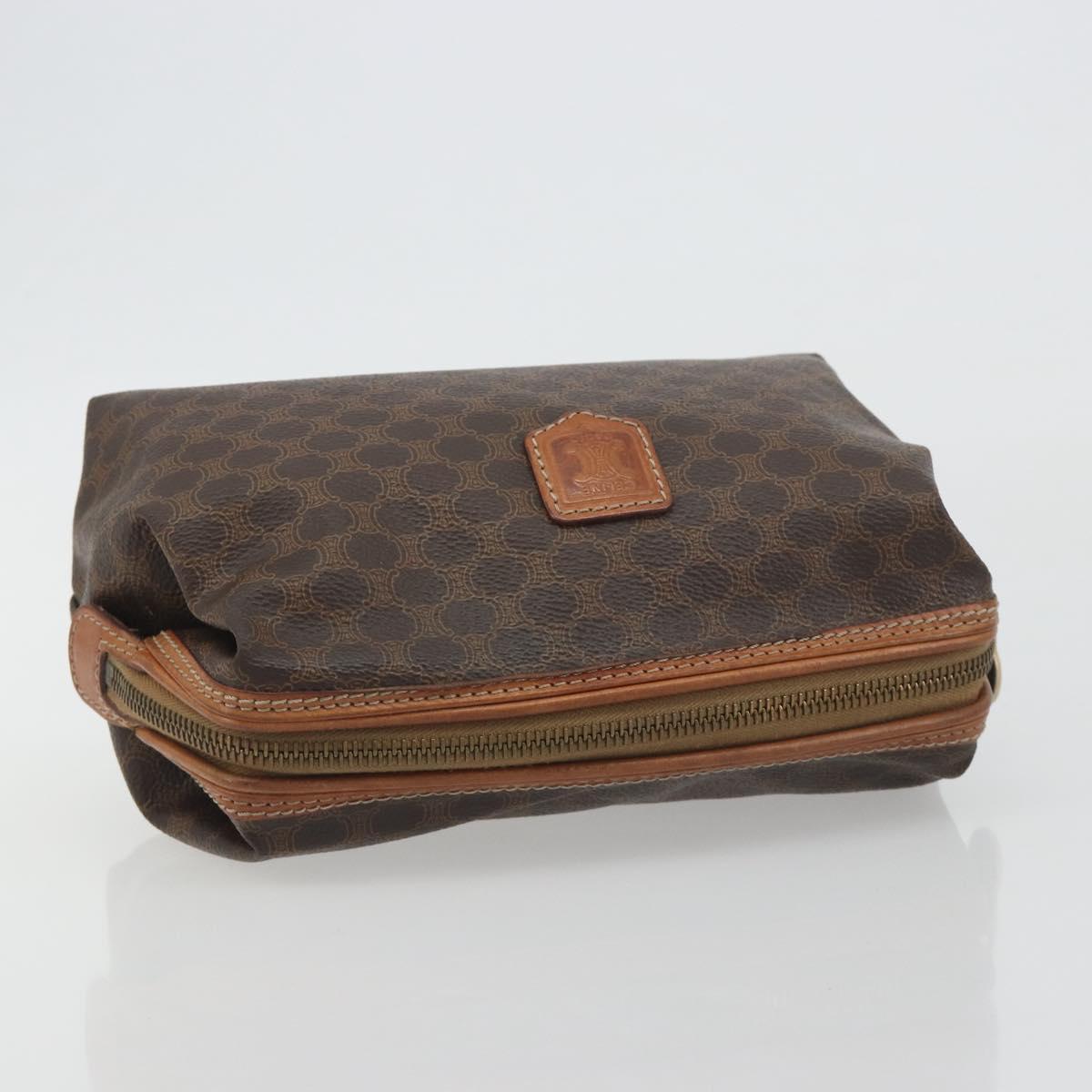 CELINE Macadam Pouch PVC Leather Brown Gold Tone Auth ki6733
