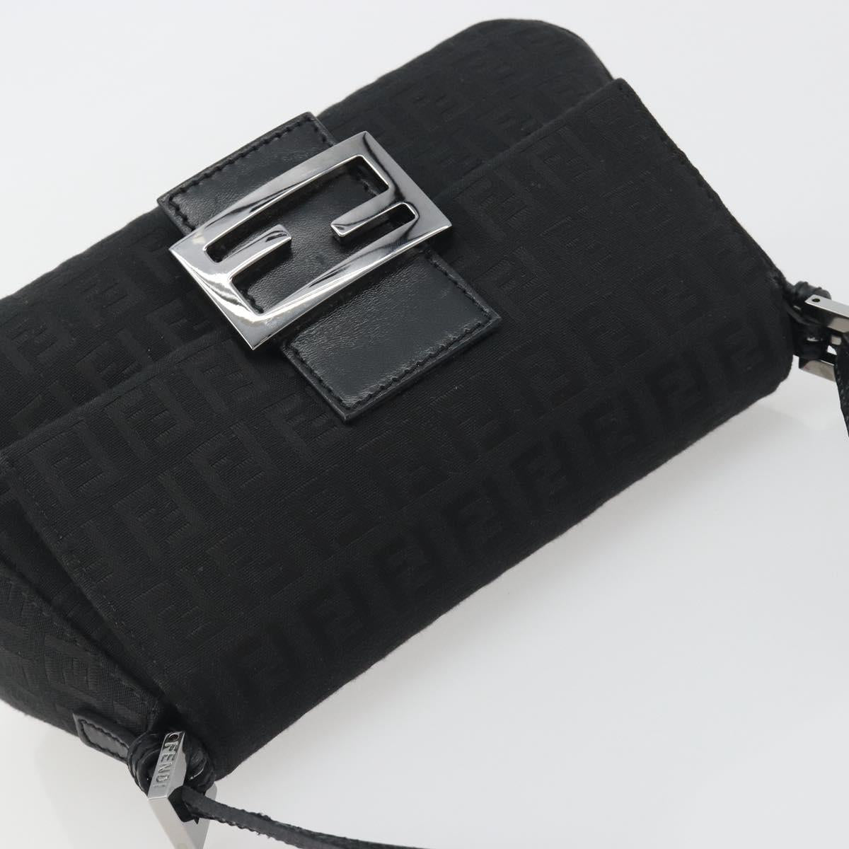 FENDI Zucchino Canvas Mamma Baguette Shoulder Bag Black Silver Auth ki6734M