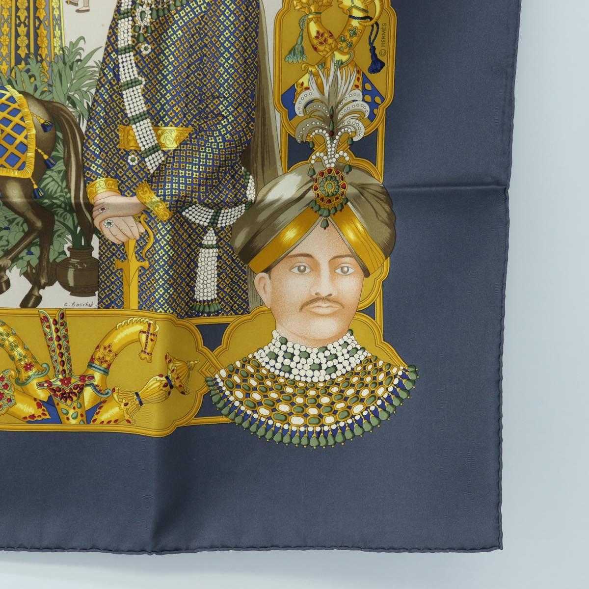 HERMES Carre 90 Scarf Silk ""MAHARAJAS"" Blue Gold Auth ki6741M