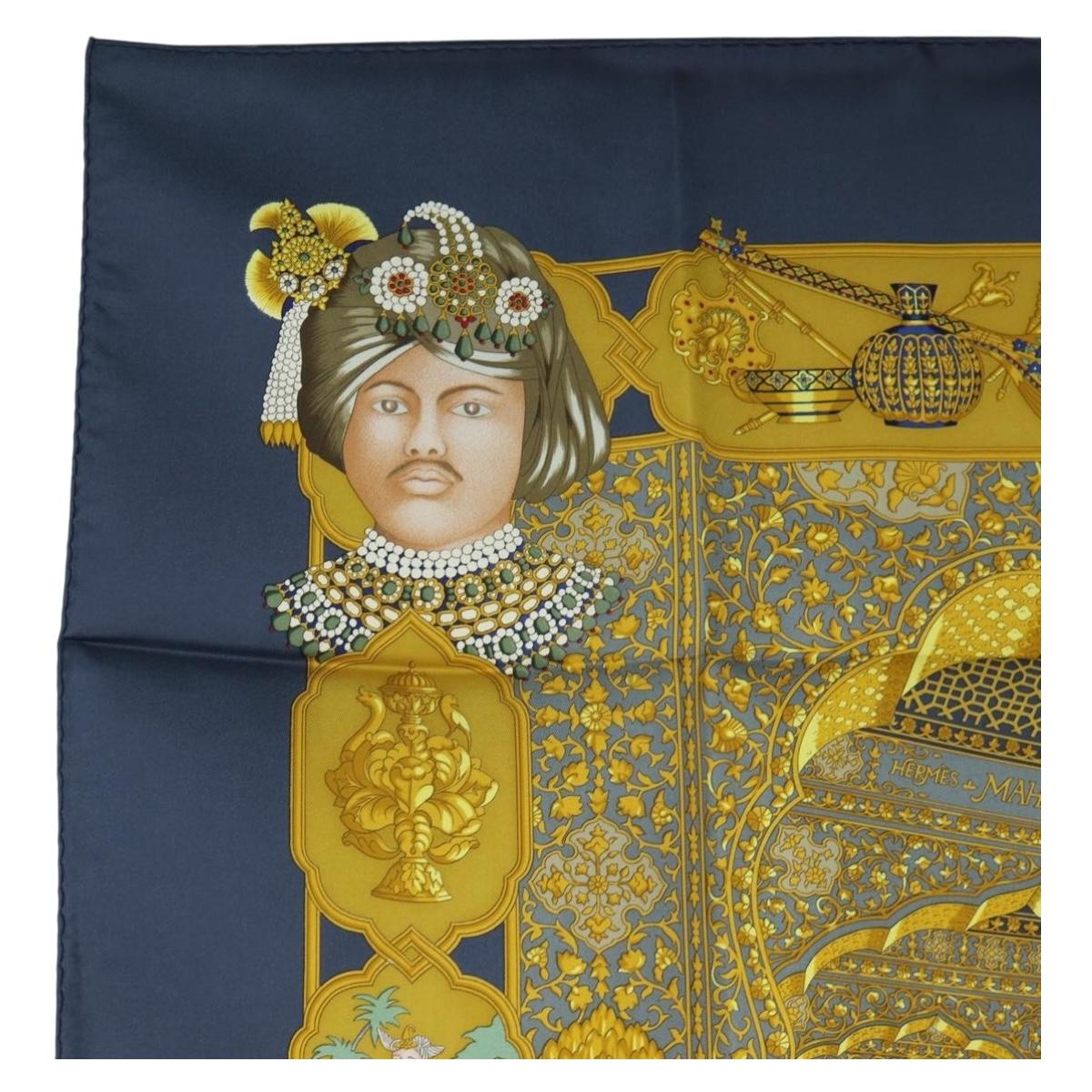 HERMES Carre 90 Scarf Silk ""MAHARAJAS"" Blue Gold Auth ki6741M