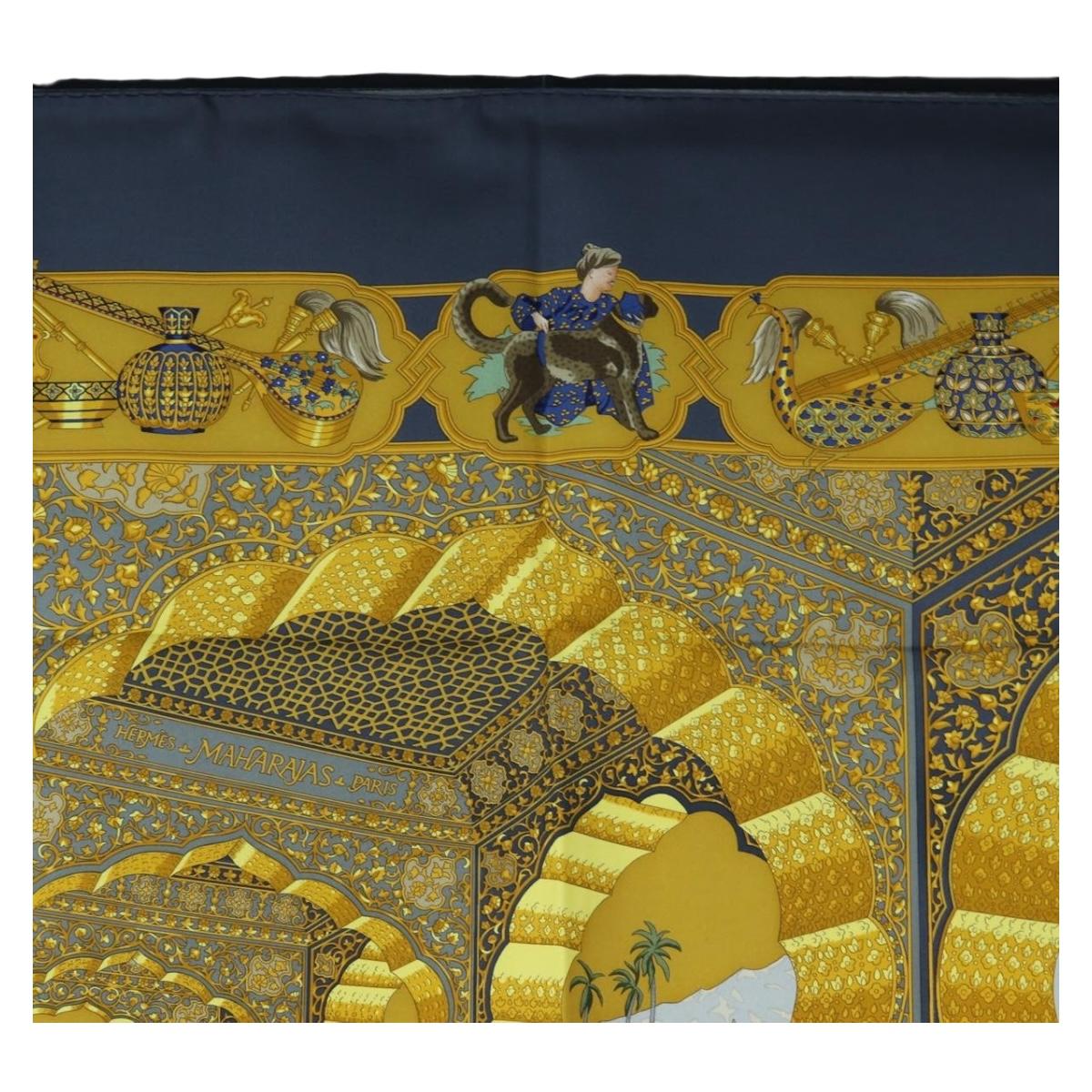 HERMES Carre 90 Scarf Silk ""MAHARAJAS"" Blue Gold Auth ki6741M