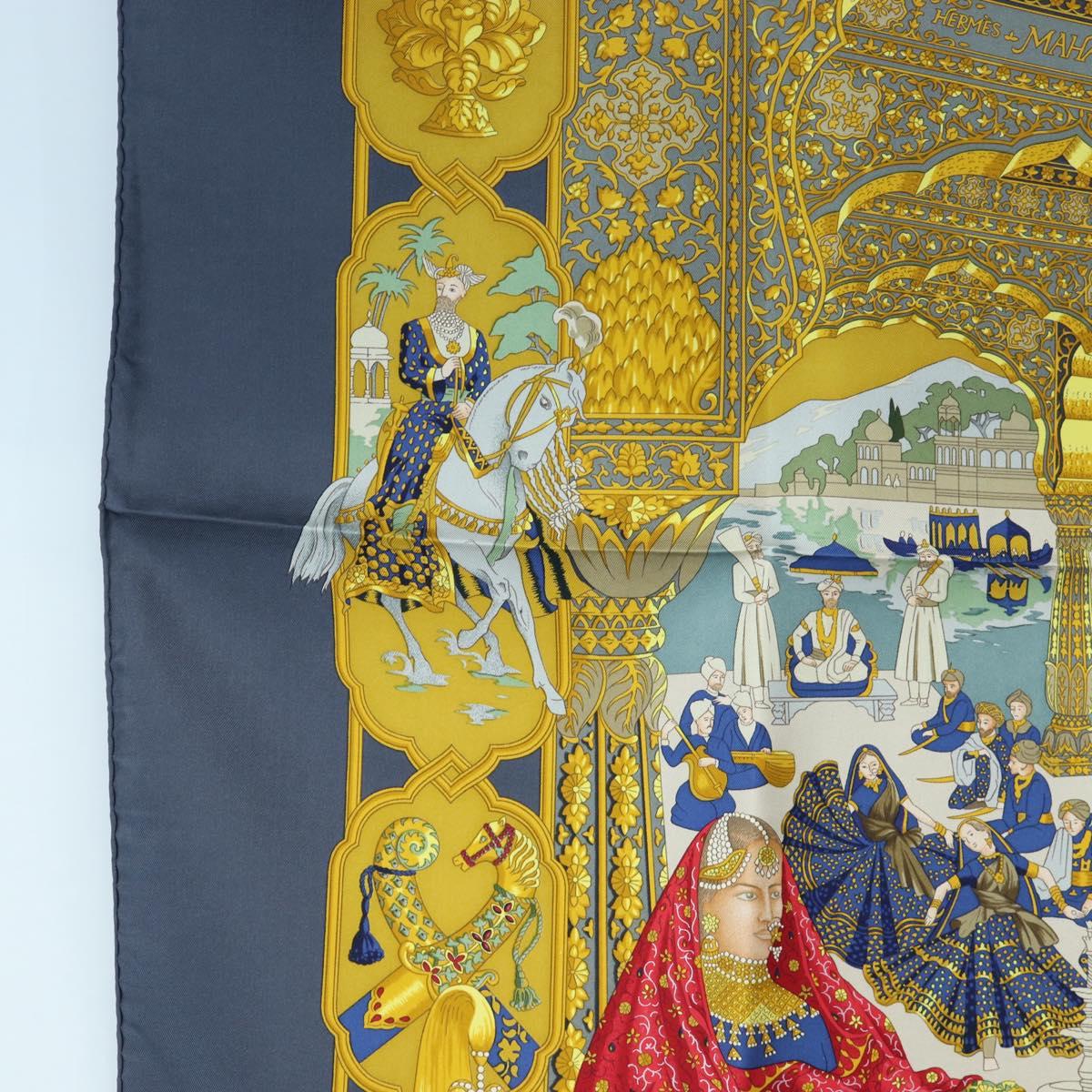 HERMES Carre 90 Scarf Silk ""MAHARAJAS"" Blue Gold Auth ki6741M