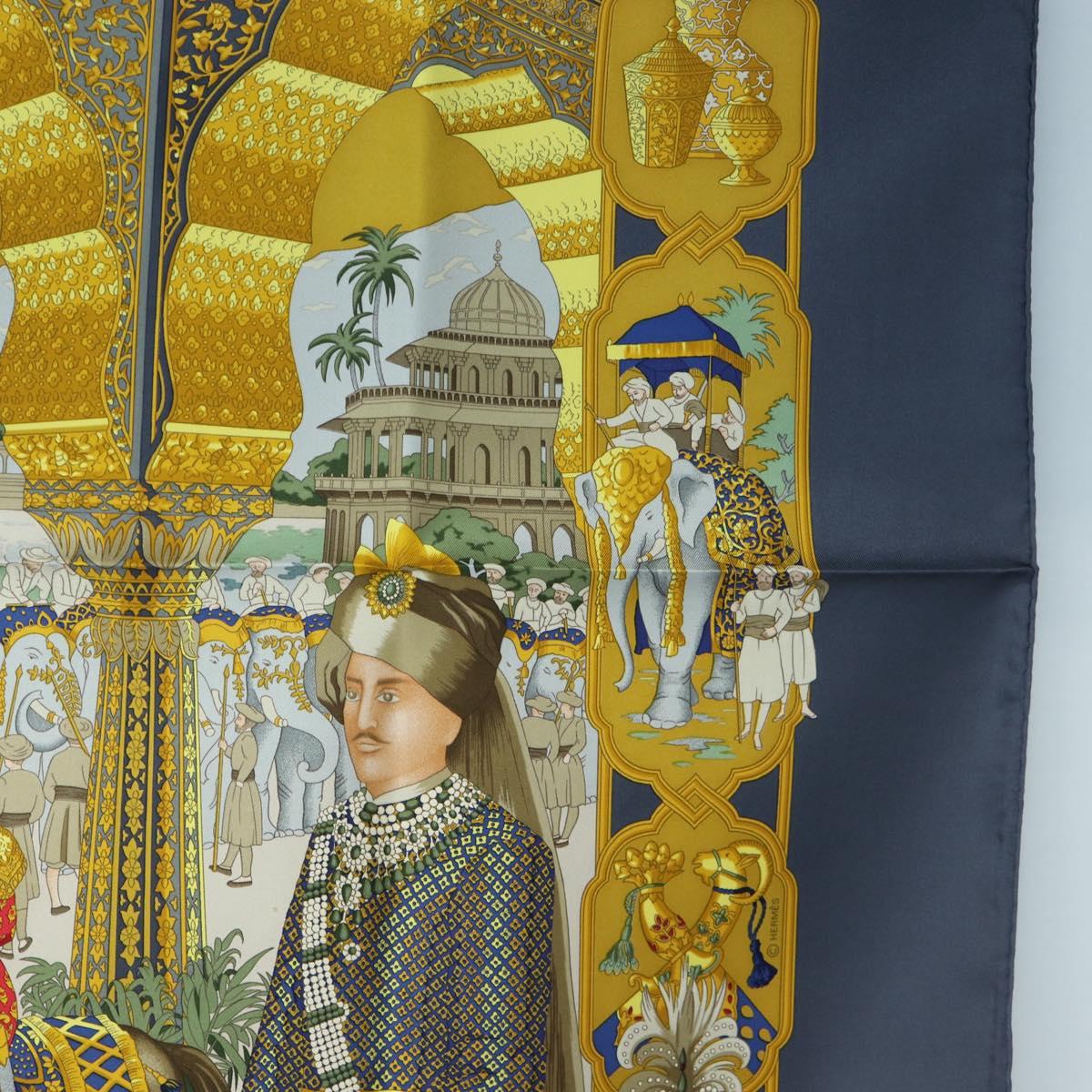 HERMES Carre 90 Scarf Silk ""MAHARAJAS"" Blue Gold Auth ki6741M