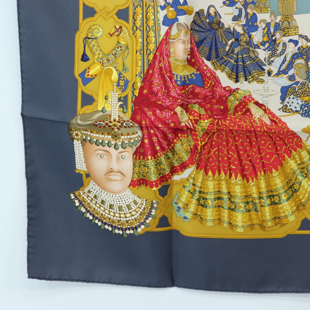 HERMES Carre 90 Scarf Silk ""MAHARAJAS"" Blue Gold Auth ki6741M
