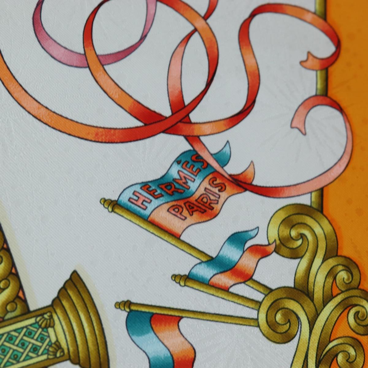 HERMES Carre 90 Scarf Silk ""LUNA ARK"" Orange White Auth ki6742M
