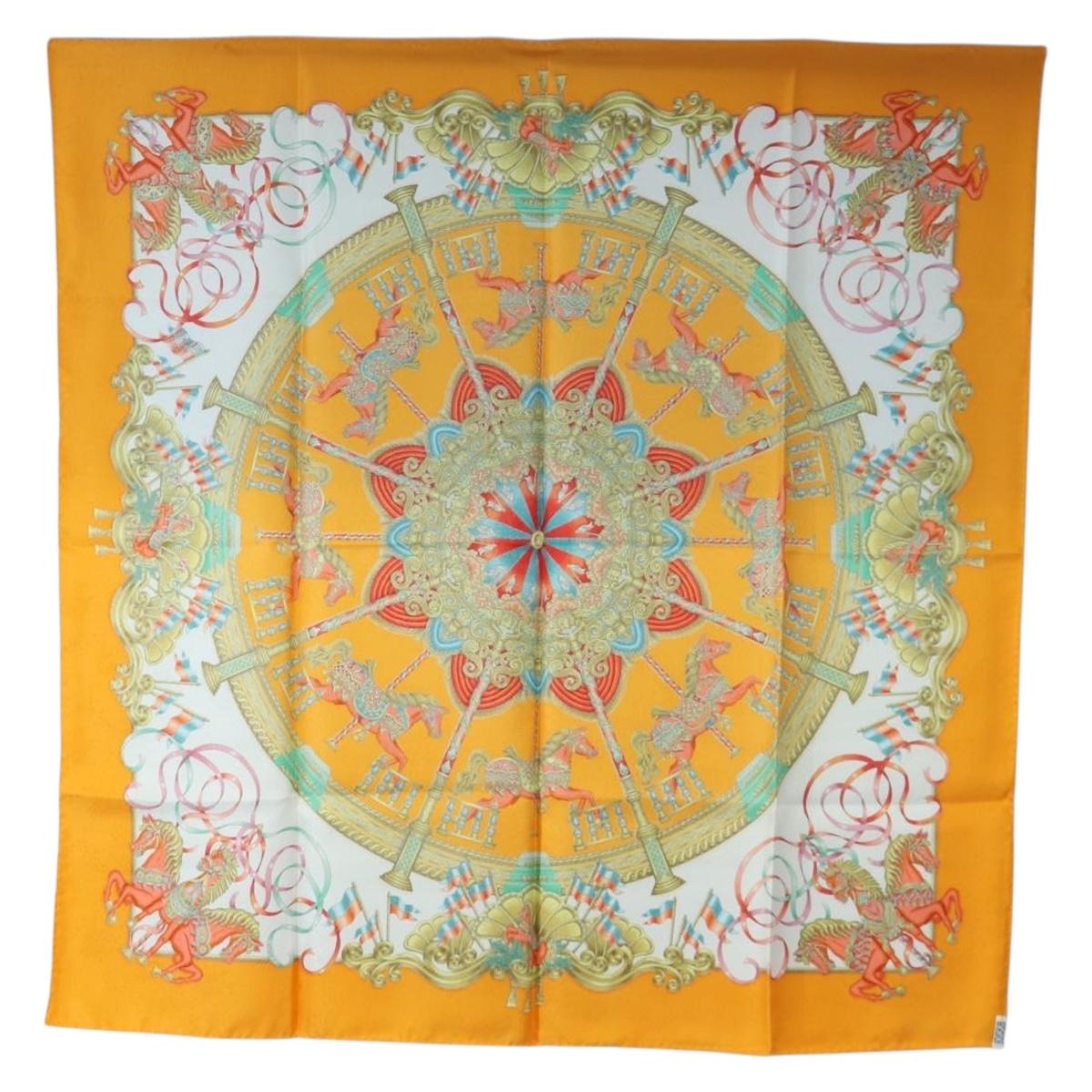 HERMES Carre 90 Scarf Silk ""LUNA ARK"" Orange White Auth ki6742M