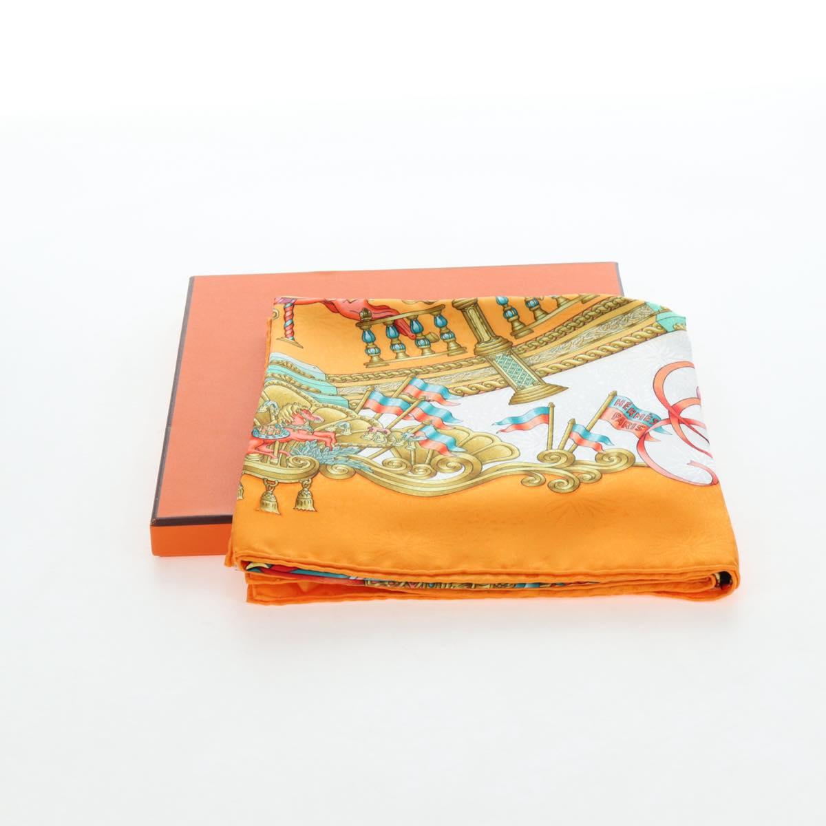 HERMES Carre 90 Scarf Silk ""LUNA ARK"" Orange White Auth ki6742M