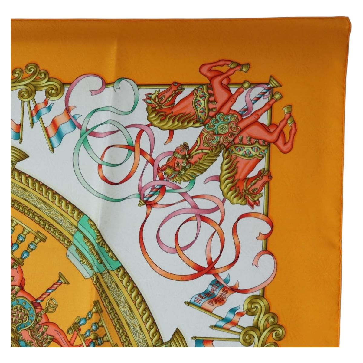 HERMES Carre 90 Scarf Silk ""LUNA ARK"" Orange White Auth ki6742M