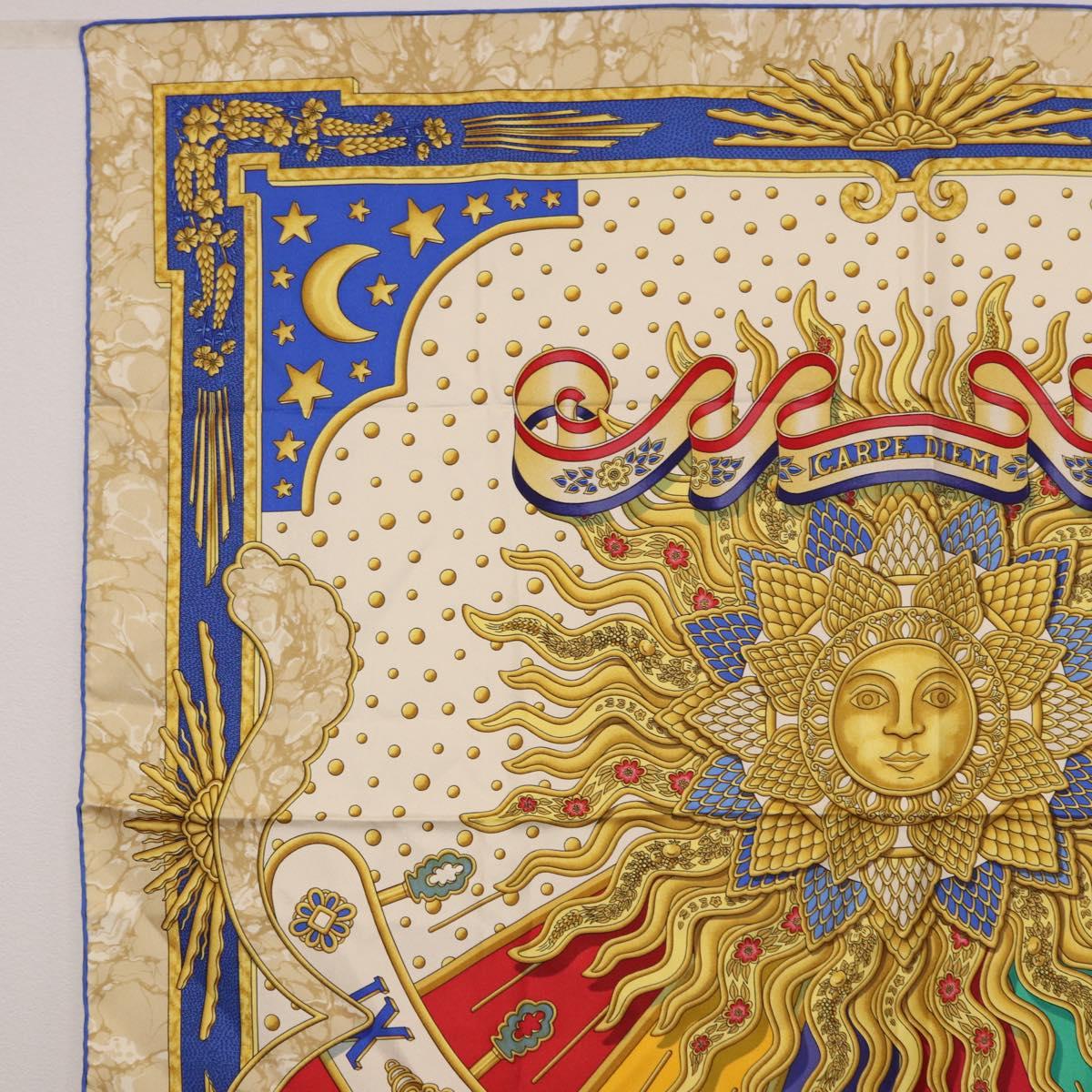 HERMES Carre 90 Scarf ”CARPE DIEM” Silk Blue Auth ki6753