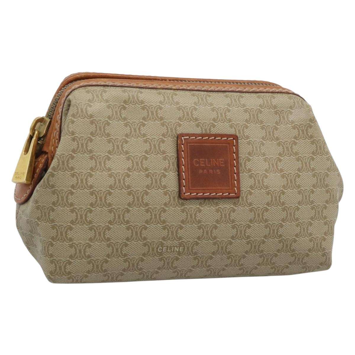 CELINE Macadam Canvas Pouch PVC Beige Gold Auth ki6758