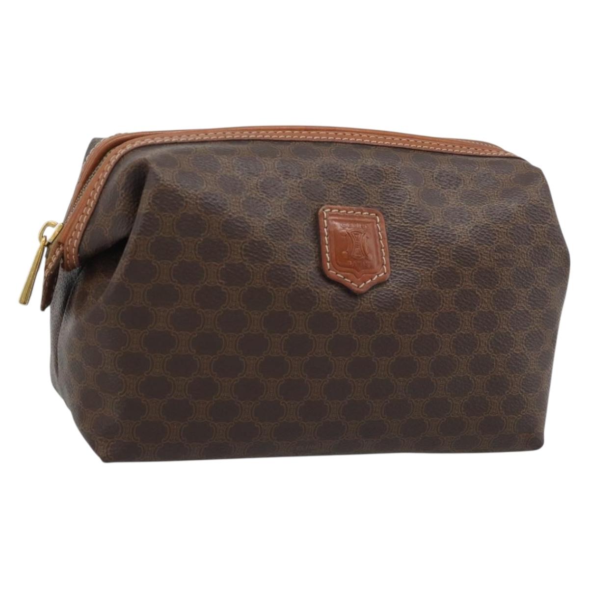 CELINE Macadam Canvas Pouch PVC Leather Brown Gold Auth ki6759