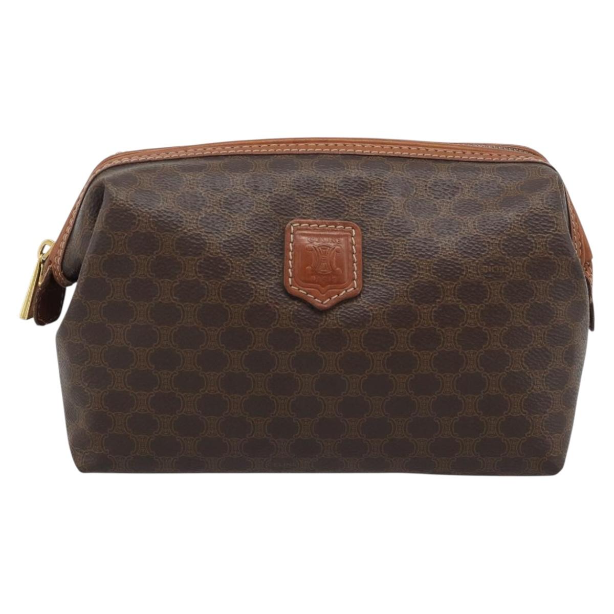 CELINE Macadam Canvas Pouch PVC Leather Brown Gold Auth ki6759
