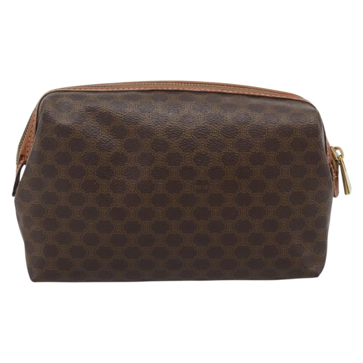 CELINE Macadam Canvas Pouch PVC Leather Brown Gold Auth ki6759