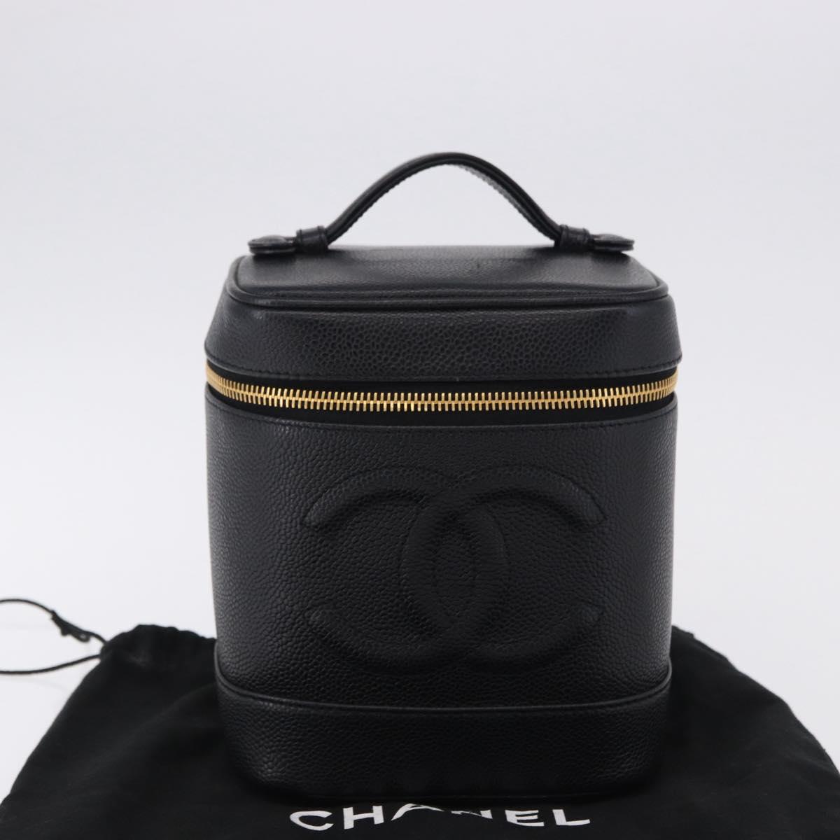 CHANEL COCO Mark Vanity Hand Bag Caviar Skin Black Gold CC Auth ki6768SAV