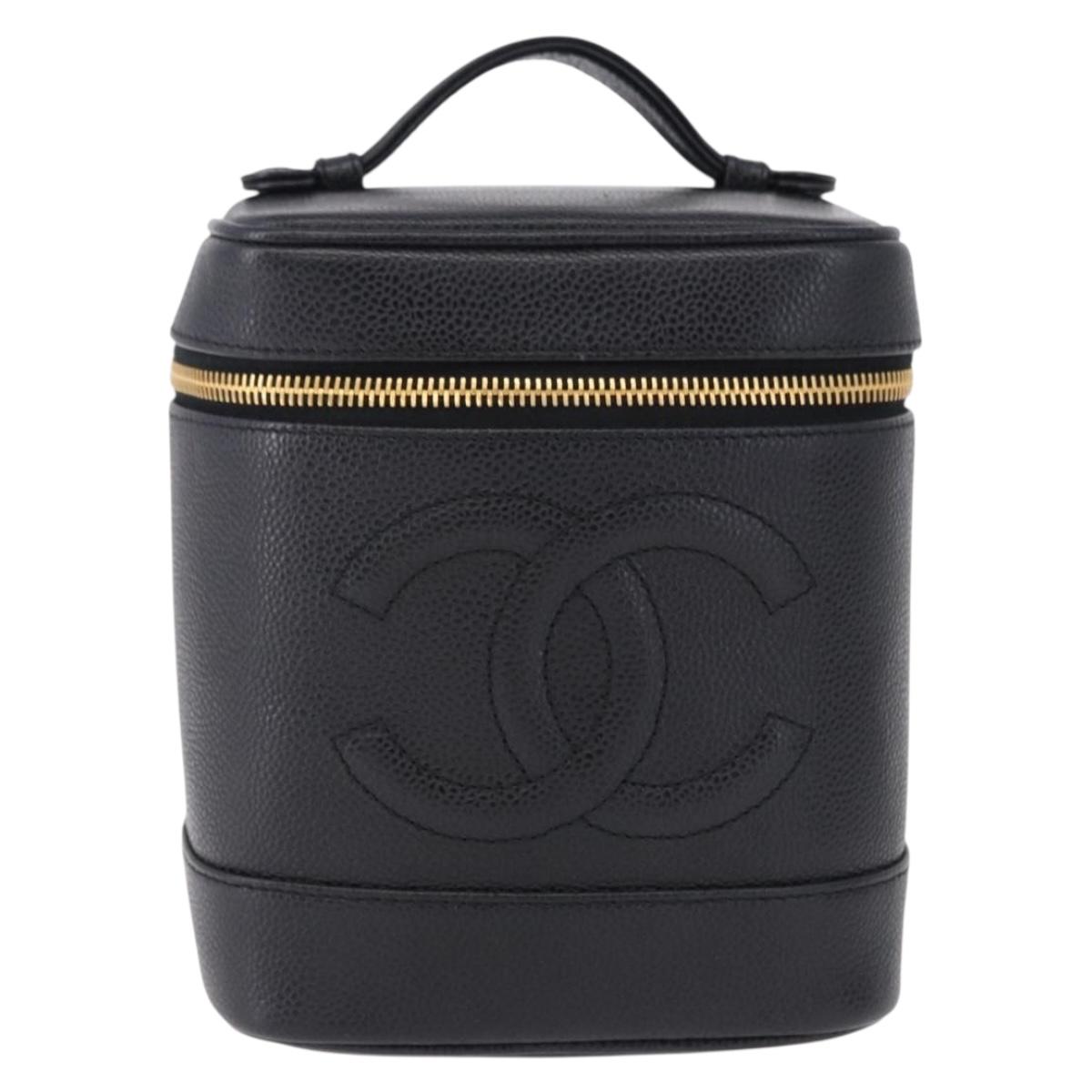 CHANEL COCO Mark Vanity Hand Bag Caviar Skin Black Gold CC Auth ki6768SAV
