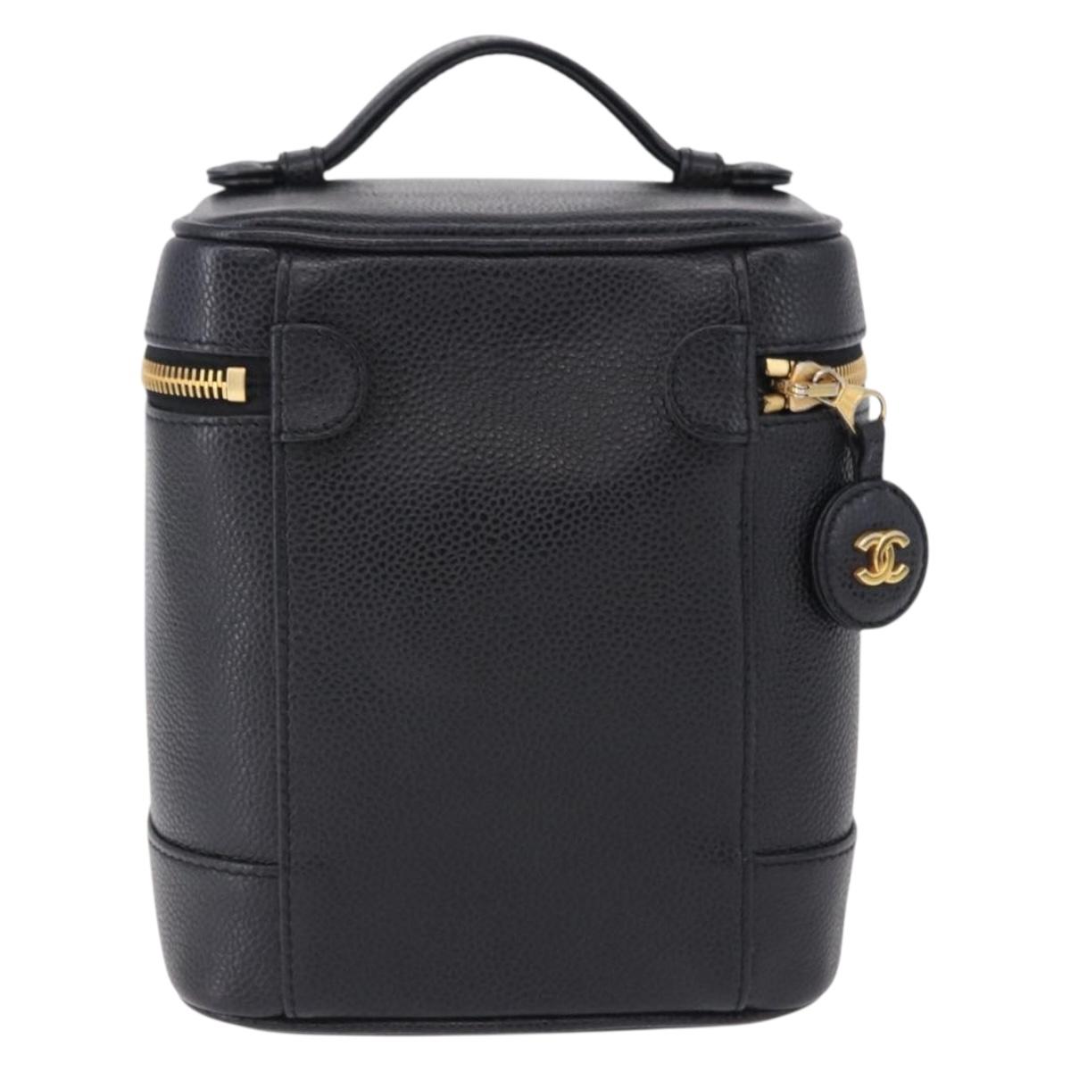 CHANEL COCO Mark Vanity Hand Bag Caviar Skin Black Gold CC Auth ki6768SAV