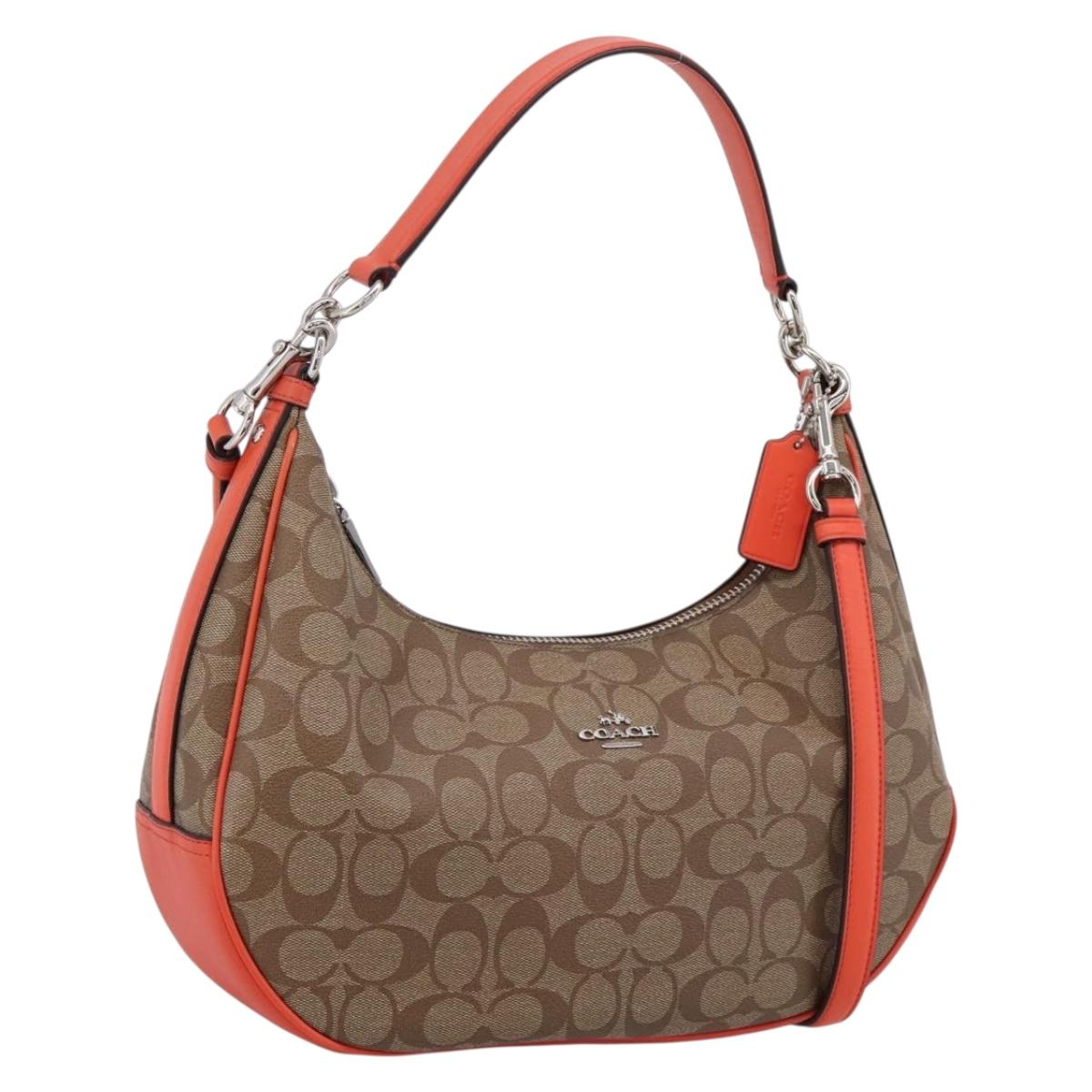 Coach Signature Shoulder Bag PVC 2way Beige Silver Auth ki6777A