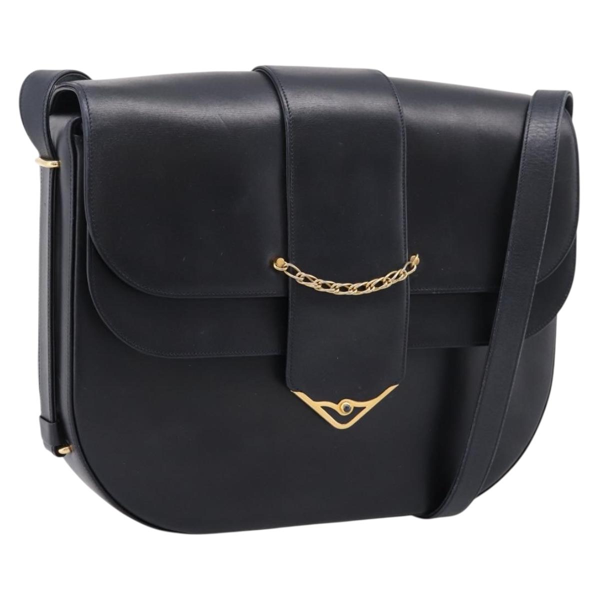 CARTIER Sapphire Line Shoulder Bag Leather Black Gold Auth ki6781A