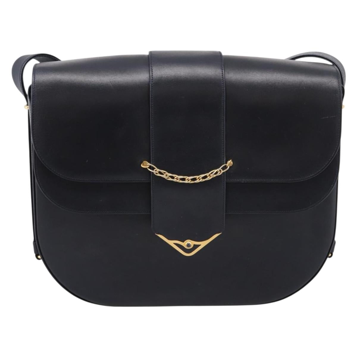 CARTIER Sapphire Line Shoulder Bag Leather Black Gold Auth ki6781A